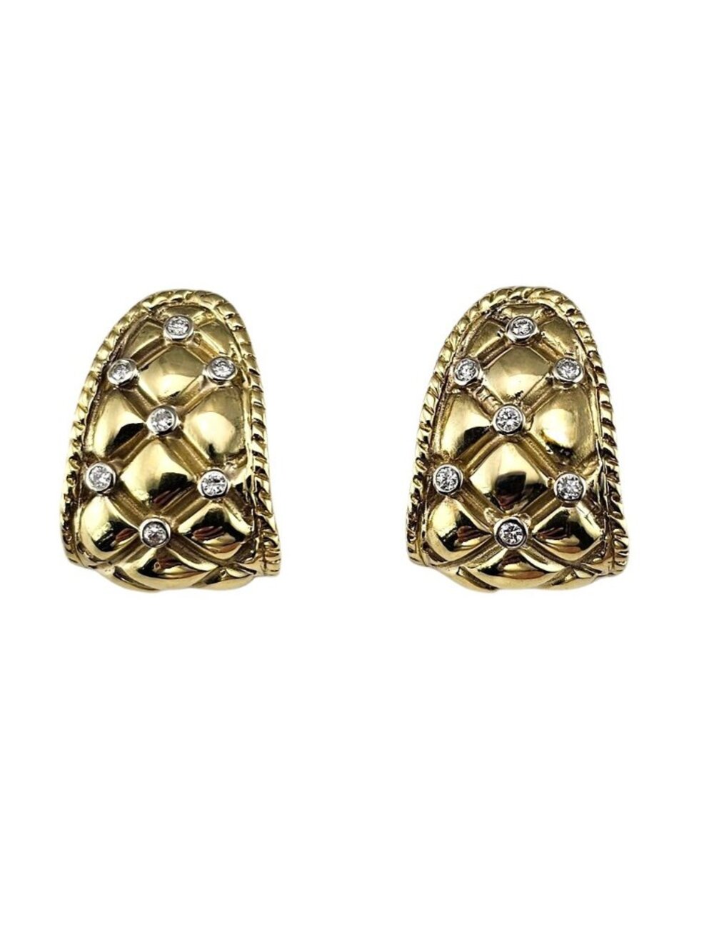 18K Yellow Gold Diamond Quilted Lattice Omega Back Earrings #25414